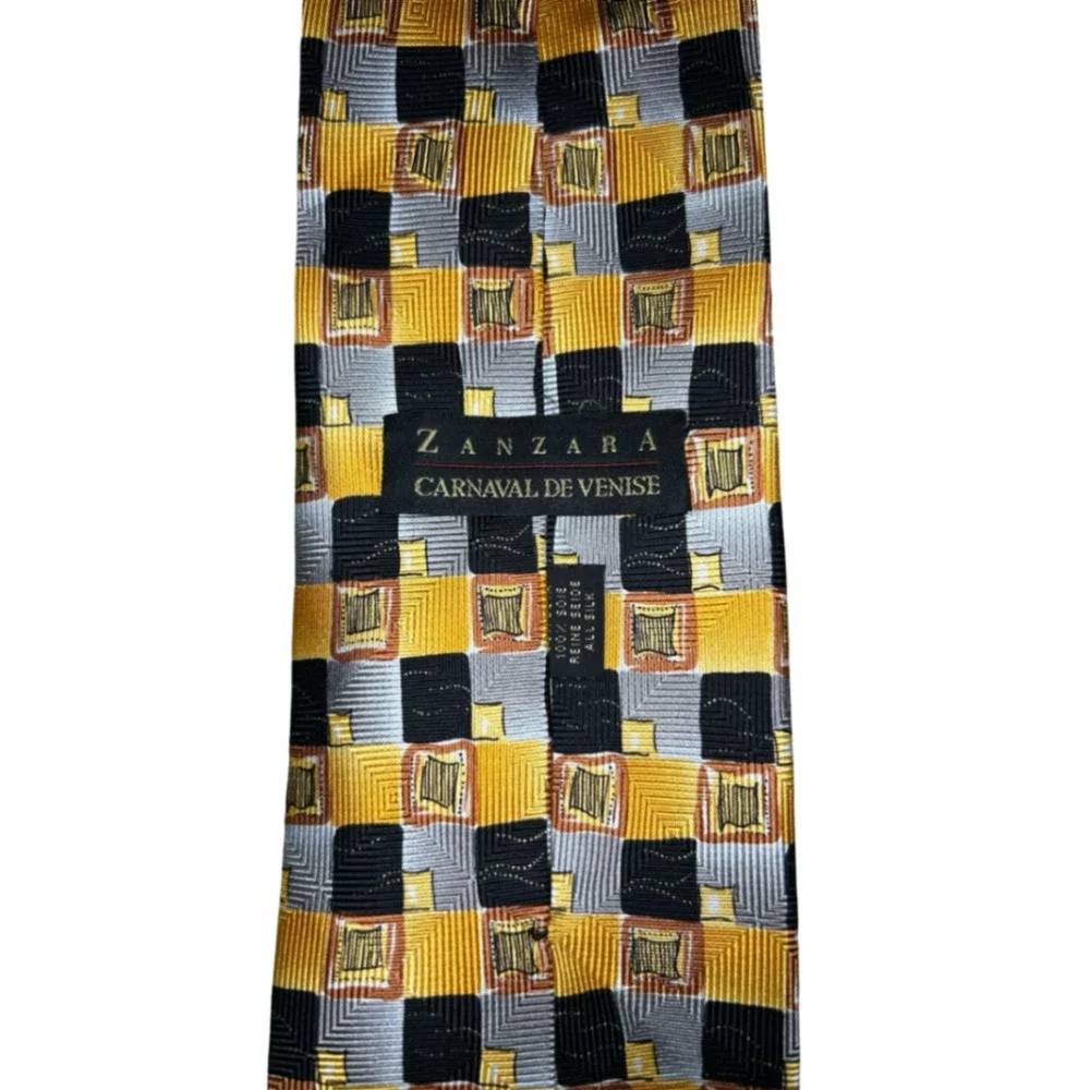 Zanzara Carnaval De Venise Silk Tie Gold Black Silver Geometric Made in Italy